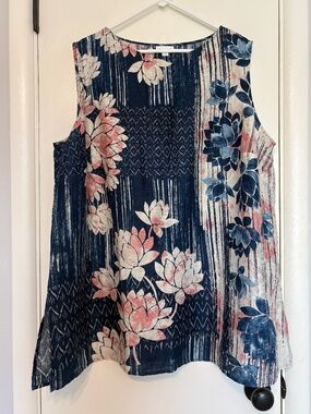 J. Jill Pure Jill Women's Plus Blue Floral Sleeveless Linen Tunic Shirt Top 3X